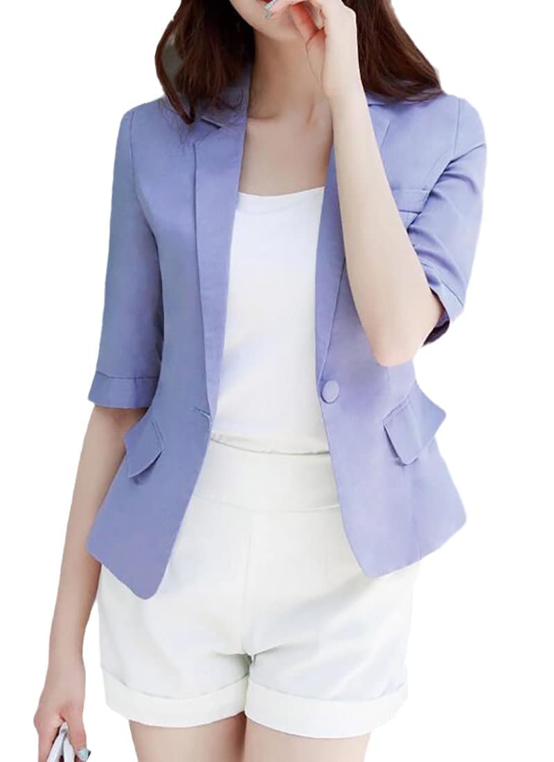 Jofemuho Womens Casual Solid Cotton Linen 3/4 Sleeve Short OL Work Blazer Jacket Coat Pocket with Flip Cover - Image 1